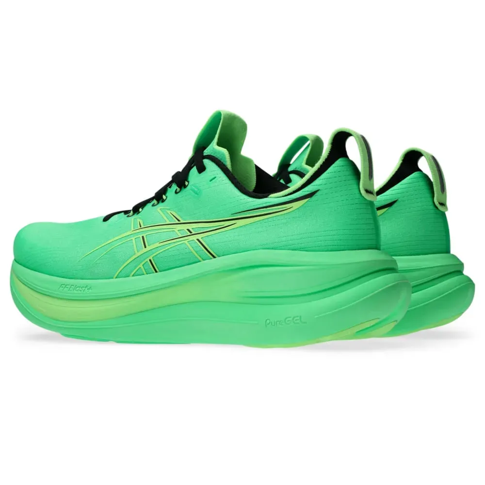 Tênis Asics Gel-Nimbus 28 verde masculino mostrado em ângulo frontal destacando conforto e design